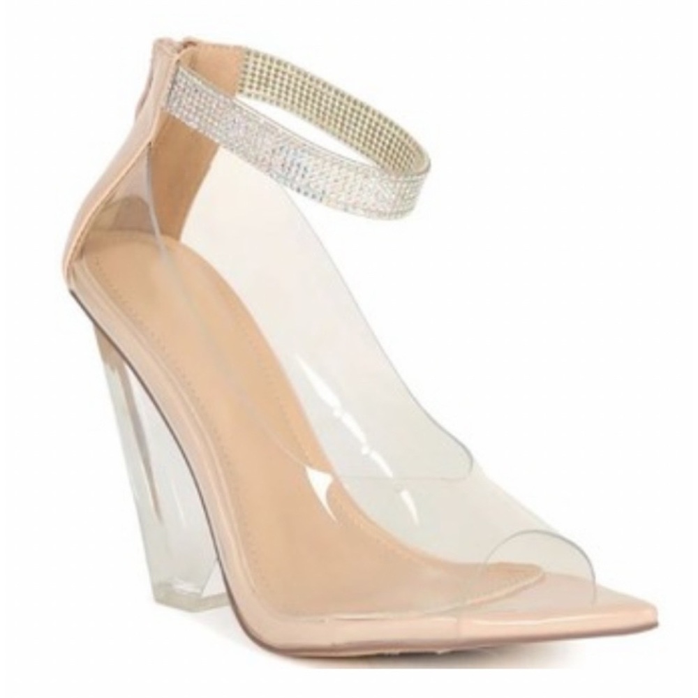 UNIQUE NUDE GLAM RHINESTONE LUCITE HEELS - Picture 9 of 9